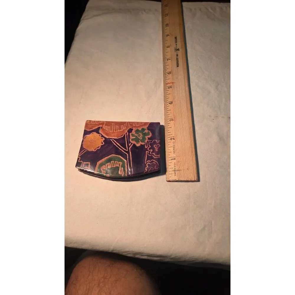 Vintage Shantiniketan leather coin purse Hand Painted Floral Boho Wallet India